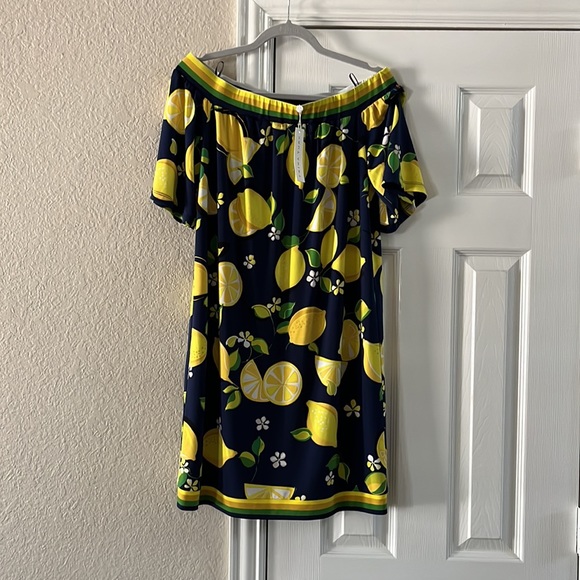NWT Trina Turk lemon dress medium off the shoulder navy yellow - Picture 6 of 8